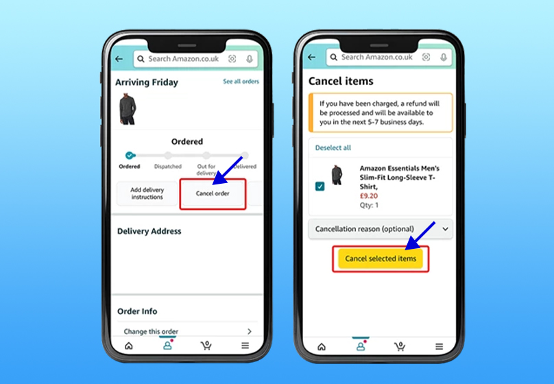 Bấm Cancel selected items để xác nhận hủy đơn hàng