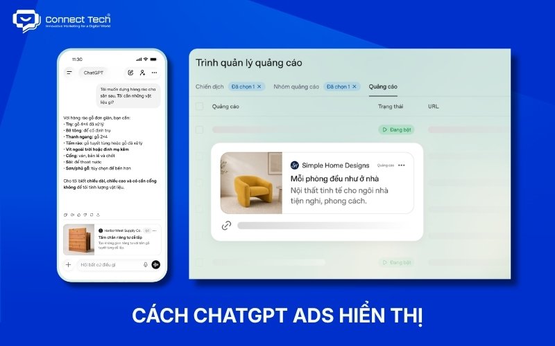 Ví dụ ChatGPT Ads hiển thị trong cuộc trò chuyện và trình quản lý quảng cáo