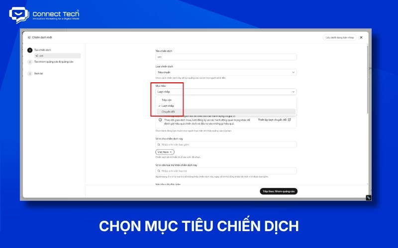 Màn hình chọn mục tiêu chiến dịch ChatGPT Ads gồm tiếp cận, lượt nhấp và chuyển đổi