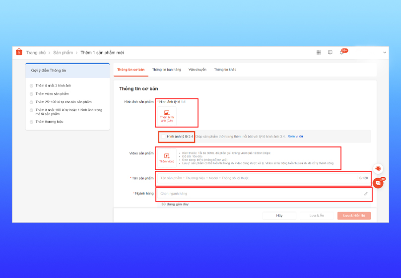 Điền đầy đủ thông tin sản phẩm trên Shopee