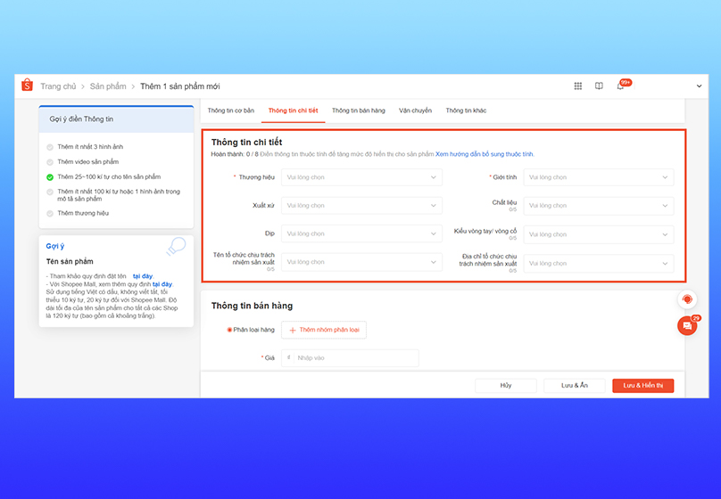 Điền thông tin về thuộc tính của sản phẩm