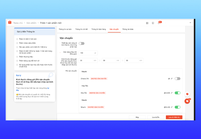 Cài đặt thông tin vận chuyển
