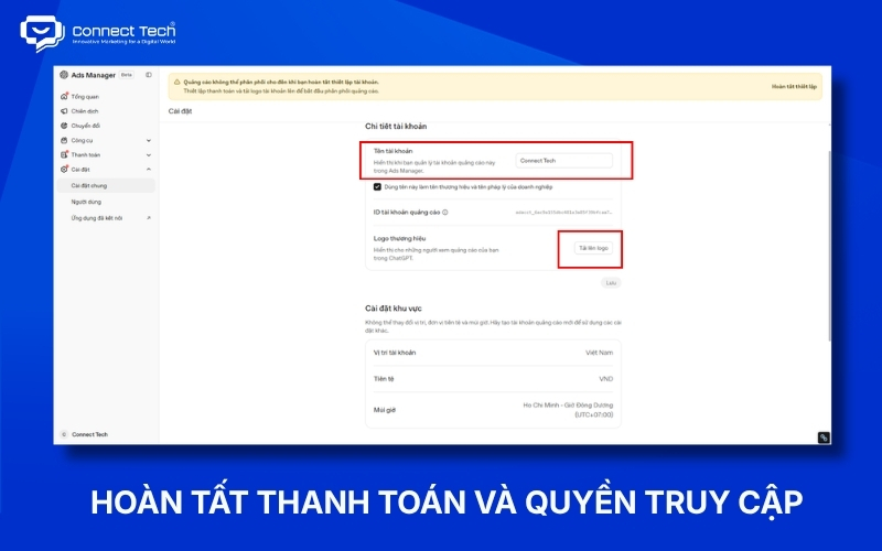 Giao diện cài đặt tài khoản, khu vực và thông tin thanh toán trong ChatGPT Ads Manager