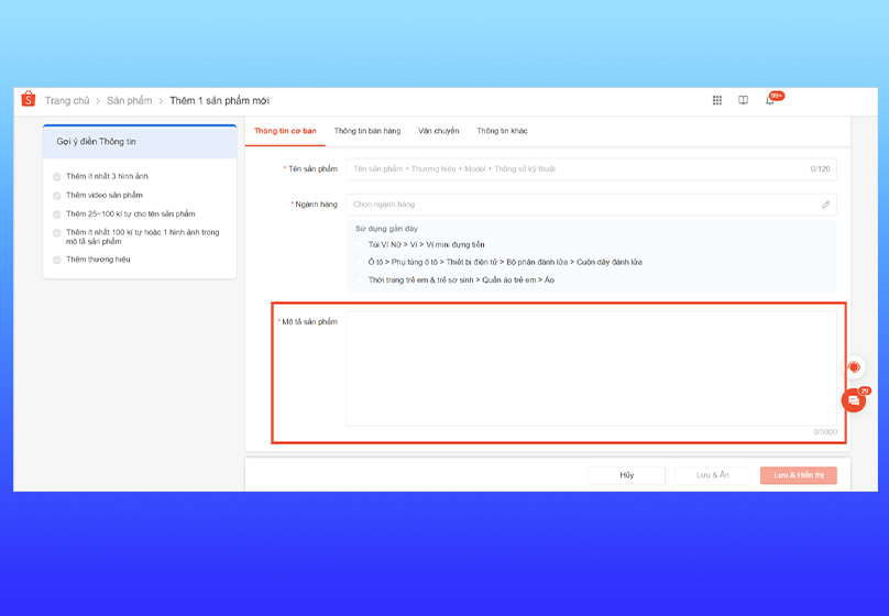 Hoàn thiện mô tả sản phẩm Shopee