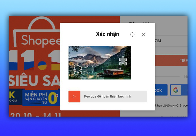 Kéo hình ảnh để xác nhận đăng kí tài khoản Shopee