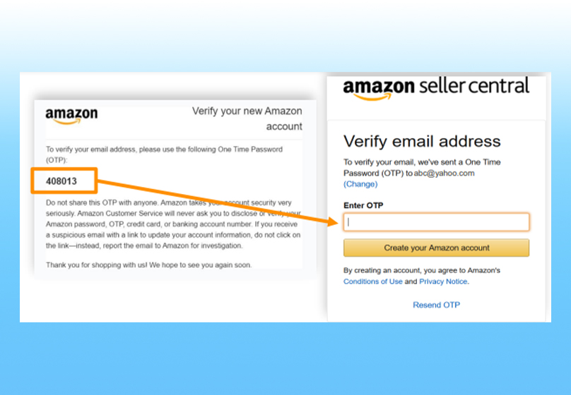 Nhập mã OTP để xác minh tài khoản bán hàng Amazon