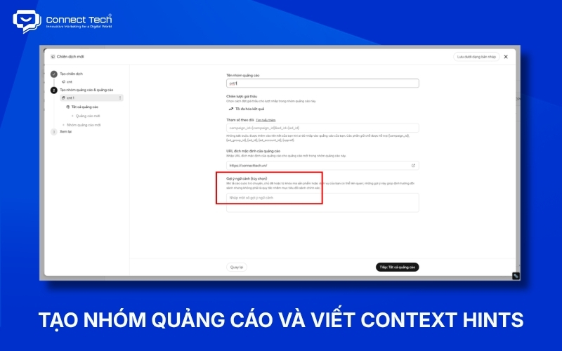 Tạo nhóm quảng cáo và nhập context hints trong ChatGPT Ads